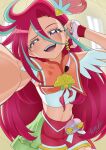  1girl blue_hair colored_eyelashes cure_flamingo earrings feather_earrings feathers fingerless_gloves gloves highres jewelry long_hair magical_girl midriff mismatched_eyelashes multicolored_hair open_mouth precure redhead selfie solo takizawa_asuka thick_eyelashes tiler_(tiler00) triangle_earrings tropical-rouge!_precure two-tone_hair violet_eyes 