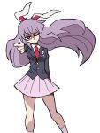  1girl animal_ears black_jacket blazer collared_shirt crescent crescent_pin eddybird55555 english_commentary finger_gun highres jacket long_hair long_sleeves looking_at_viewer necktie one_eye_closed open_mouth pink_skirt pointing pointing_at_viewer purple_hair rabbit_ears rabbit_girl red_eyes red_necktie reisen_udongein_inaba ringed_eyes shirt simple_background skirt solo touhou vanripper_(style) white_background white_shirt 