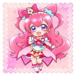  1girl aizen_(syoshiyuki) apron back_bow bangs bow brooch chibi commentary cone_hair_bun cure_precious delicious_party_precure dress earrings full_body gloves hair_bun heart_brooch huge_bow jewelry long_hair magical_girl open_mouth pink_bow pink_hair precure smile two_side_up violet_eyes white_gloves 