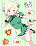  1girl ;) absurdres baozi black_footwear blonde_hair blush breasts bun_cover china_dress chinese_clothes dooonnosuke double_bun dress food fruit green_background green_eyes hair_bun heart highres index_finger_raised indie_virtual_youtuber looking_at_viewer medium_hair one_eye_closed peach small_breasts smile solo standing standing_on_one_leg watamochi_nemi wrist_cuffs 