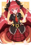  1girl :d black_shirt blue_archive border dango demon_wings food fuji_tarawi highres holding holding_food horns junko_(blue_archive) long_hair looking_at_viewer low_wings open_mouth plaid plaid_skirt pointy_ears red_skirt redhead shirt simple_background skirt slit_pupils smile solo star_(symbol) twintails wagashi white_border wings yellow_background 