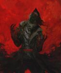  1boy absurdres belt bloodborne claws coat hands_up hat highres hunter_(bloodborne) male_focus mask mouth_mask open_clothes open_coat red_background red_eyes red_theme shimhaq signature solo 