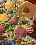  1other ambiguous_gender candy candy_cane christmas christmas_lights christmas_ornaments christmas_tree food highres holding kirby kirby_(series) miclot out_of_frame pine_tree ribbon solo_focus star_(symbol) sweater tree 