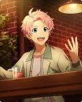  1boy ahoge blue_eyes cup drink drinking_straw fingernails ice ice_cube idolmaster idolmaster_side-m idolmaster_side-m_growing_stars kabuto_daigo light_bulb long_sleeves official_art open_clothes open_mouth pink_hair shirt smile solo third-party_source white_shirt 