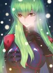  1girl bangs bdot_btwo black_gloves blue_bodysuit bodysuit breasts brown_eyes c.c. code_geass code_geass:_boukoku_no_akito eyebrows_hidden_by_hair floating_hair gloves green_hair hair_between_eyes large_breasts long_hair looking_at_viewer snowing solo straight_hair upper_body 