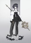  1girl black_gloves black_hair doll_joints frills full_body gloves high_heels holding holding_polearm holding_weapon joints looking_at_viewer maid_headdress neco original polearm puffy_sleeves skirt solo violet_eyes weapon 