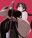  1girl bangs black_hair black_kimono bleach bleach:_the_thousand-year_blood_war braid breasts expressionless food-act glasses grey_eyes hair_between_eyes haori highres holding holding_polearm holding_weapon japanese_clothes katori_batsuunsai kimono large_breasts long_hair looking_at_viewer looking_down naginata open_clothes open_mouth polearm red_background rimless_eyewear sash single_braid solo watermark weapon white_sash wide_sleeves 