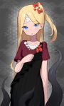  1girl abigail_williams_(fate) alternate_costume bandaid bandaid_on_face bandaid_on_forehead bangs black_dress blonde_hair blue_eyes bow candy crossed_bandaids dress fate/grand_order fate_(series) food food_in_mouth hair_bow highres lazu0721 lollipop long_hair looking_at_viewer multiple_hair_bows one_side_up parted_bangs patterned_background red_bow short_sleeves sketch solo tentacles two-tone_dress 