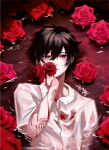  1boy bai_liu bishounen black_hair blank_stare collared_shirt expressionless flower highres i_became_a_god_in_a_horror_game liquid long_sleeves looking_at_viewer lying male_focus original partially_underwater_shot procreate_(medium) red_flower red_rose rose shirt short_hair solo yunxiaoluo511 