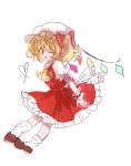  1girl ascot blonde_hair brown_footwear chinese_commentary commentary_request dress flandre_scarlet frilled_dress frills from_side full_body hat hat_ribbon heart highres ka_(haterun) lace-trimmed_ascot lace_trim mob_cap one_eye_closed open_mouth puffy_short_sleeves puffy_sleeves red_dress red_ribbon ribbon shirt shoes short_sleeves simple_background socks solo touhou white_background white_headwear white_shirt white_socks wings yellow_ascot 