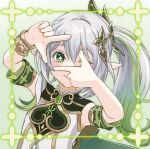  1girl ;) armpits bracelet braid cape commentary_request detached_sleeves dress finger_frame genshin_impact gradient_hair green_eyes grey_hair hair_between_eyes hair_ornament highres jewelry long_hair looking_at_viewer multicolored_hair nagatukiarare nahida_(genshin_impact) one_eye_closed pointy_ears short_sleeves side_ponytail simple_background single_braid smile solo symbol-shaped_pupils viewfinder white_dress 
