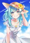  1girl blue_eyes blue_hair blue_sky blush character_request collarbone commission dress flower grin hair_ribbon hat hat_flower highres jewelry leaning_forward long_hair looking_at_viewer necklace pink_flower piroshiki123 ribbon shiny shiny_hair short_sleeves skeb_commission sky smile solo standing straw_hat sun_hat virtual_youtuber white_dress white_ribbon yellow_flower yellow_headwear 