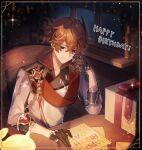  1boy ahoge bangs birthday_card black_gloves blue_eyes bow chair closed_mouth crossed_bangs desk english_text envelope genshin_impact gift gloves grey_jacket hair_between_eyes half_gloves happy_birthday highres indoors jacket kino_(m6t2a) letter looking_down messy_hair orange_hair red_bow red_ribbon red_scarf ribbon scarf short_hair sidelocks sitting smile solo tartaglia_(genshin_impact) window wooden_chair 