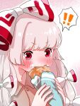  ! !! 1girl bangs blunt_bangs blush bow crepe eating food food_in_mouth food_on_face fujiwara_no_mokou grey_hair hair_bow hair_ribbon hands_up highres holding holding_food ice_cream_crepe long_hair looking_ahead mokoiscat multi-tied_hair outline red_eyes ribbon shirt simple_background solo spoken_exclamation_mark touhou tress_ribbon upper_body v-shaped_eyebrows white_background white_bow white_outline wing_collar 