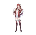  1girl armor bangs blush boots caeldori_(fire_emblem) closed_mouth dress elbow_gloves fire_emblem fire_emblem_fates fire_emblem_heroes flat_chest full_body garter_straps gloves hair_ornament hairband hand_on_hip hand_on_own_chest hand_up high_heels highres knee_boots long_hair looking_at_viewer official_art red_eyes redhead short_dress shoulder_armor smile solo standing tan_(tangent) thigh_boots transparent_background zettai_ryouiki 