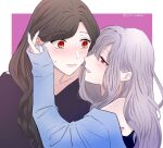  2girls alternate_costume bangs black_hair blush braid couple eyes_visible_through_hair grey_hair hair_down hair_over_one_eye hand_on_another&#039;s_cheek hand_on_another&#039;s_face hand_on_another&#039;s_head headpat long_braid long_hair looking_at_another mole mole_under_eye multiple_girls nijisanji orange_eyes shirayuki_tomoe single_braid sukoya_kana surprised violet_eyes virtual_youtuber yuri yuri_kyanon 