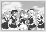  absurdres bangs beret braid breasts commentary_request elbow_gloves fang fingerless_gloves gloves greyscale hair_between_eyes hair_flaps hair_ornament hair_ribbon hairclip harusame_(kancolle) hat highres holding_hands kantai_collection large_breasts long_hair medium_breasts mocchi_(mocchichani) monochrome multiple_girls murasame_(kancolle) murasame_kai_ni_(kancolle) neckerchief open_mouth pleated_skirt ponytail ribbon samidare_(kancolle) school_uniform serafuku shigure_(kancolle) shiratsuyu_(kancolle) shiratsuyu_kai_ni_(kancolle) short_sleeves side_ponytail single_braid skin_fang skirt small_breasts two_side_up yuudachi_(kancolle) yuudachi_kai_ni_(kancolle) 