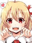  1girl ahoge blonde_hair bow collarbone hair_bow heart looking_at_viewer naname_ushiro open_mouth red_bow red_eyes rumia sharp_teeth short_hair simple_background solo spoken_heart teeth touhou upper_body white_background 