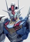  aqua_eyes backlighting commentary_request glowing glowing_eyes grey_background gundam gundam_aerial gundam_suisei_no_majo highres looking_at_viewer mecha mobile_suit no_humans revision robot science_fiction shiromoca simple_background solo upper_body v-fin white_background 