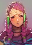  1girl aduti_momoyama braid cape closed_mouth eyeliner facial_mark fire_emblem fire_emblem:_three_houses fire_emblem_warriors:_three_hopes frown gradient gradient_background highres jewelry lips long_hair makeup neck_ring petra_macneary pink_lips purple_cape purple_hair red_eyeliner red_eyes solo twin_braids upper_body 