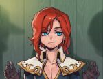  1boy bangs beard brown_gloves collarbone facial_hair freckles gloves green_background green_eyes hands_up league_of_legends long_hair male_focus miss_fortune_(league_of_legends) phantom_ix_row portrait redhead shiny shiny_hair smile solo 
