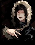  &gt;:) 1boy absurdres black_background black_hair black_jacket collared_jacket dated durarara!! eromkk fangs fur-trimmed_hood fur-trimmed_jacket fur-trimmed_sleeves fur_trim high_collar highres hood hood_up hooded_jacket jacket jewelry long_sleeves looking_at_viewer male_focus open_mouth orihara_izaya portrait red_eyes ring short_hair signature smile solo v-shaped_eyebrows 