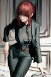  1girl 66ktkat bangs black_jacket black_pants black_shirt chainsaw_man crossed_legs formal highres jacket looking_at_viewer makima_(chainsaw_man) medium_hair pants red_eyes redhead ringed_eyes see-through see-through_shirt shirt sidelocks smile solo suit thumb_in_pocket 