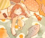  1girl absurdres animal_ears arm_rest artist_name bangs bedroom blanket brown_hair cable cat cat_ears cellphone charging_device clock closed_eyes dotted_line egg_print hair_flowing_over hand_rest head_on_pillow highres indoors long_hair lupinus4869 lying on_back on_bed original parted_lips pastel_colors phone pillow polka_dot_pillow romaji_text scenery smartphone star_pillow striped_pillow stuffed_animal stuffed_fish stuffed_shrimp stuffed_toy twitter_username watermark 
