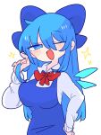  1girl aged_up alternate_breast_size alternate_hair_length alternate_hairstyle bangs blue_dress blue_eyes blue_hair breasts cirno collared_shirt dress highres ice ice_wings large_breasts long_dress long_hair long_sleeves neck_ribbon one_eye_closed op_na_yarou pinafore_dress puffy_short_sleeves puffy_sleeves red_ribbon ribbon shirt short_sleeves simple_background solo touhou white_background white_shirt wings 