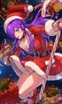  1girl alternate_costume bangs blush box breasts candy candy_cane choker christmas city_lights dress fire_emblem fire_emblem:_three_houses fire_emblem_warriors:_three_hopes floating_hair food fur-trimmed_dress fur-trimmed_headwear fur_trim gift gift_box hair_over_one_eye hat highres holding holding_candy holding_candy_cane holding_food long_hair looking_at_viewer medium_breasts night open_mouth purple_hair red_dress santa_costume santa_dress santa_hat shez_(fire_emblem) shez_(fire_emblem)_(female) skirt sleigh smile snowing solo violet_eyes wawatiku 