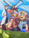  2boys aged_down arven_(pokemon) bandaid beard blue_shirt blue_sky brown_hair closed_eyes commentary_request facial_hair father_and_son food hand_in_pocket highres inana_umi labcoat leaf male_focus maschiff multiple_boys poke_ball poke_ball_(basic) pokemon pokemon_(creature) pokemon_(game) pokemon_sv rotom rotom_phone sandwich shirt sitting sky smile tongue tongue_out turo_(pokemon) windmill 