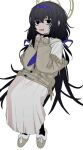 1girl atkm2 black_eyes black_hair black_pantyhose blue_archive hair_ribbon halo invisible_chair jacket long_hair long_skirt looking_at_viewer low_twintails off_shoulder open_mouth pantyhose purple_ribbon ribbon simple_background sitting skirt slippers solo sweatdrop twintails ui_(blue_archive) very_long_hair white_background white_skirt