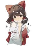  1girl bow brown_eyes brown_hair cropped_torso detached_sleeves gominami hair_bow hair_tubes hakurei_reimu hand_on_own_chin looking_at_viewer red_bow ribbon-trimmed_sleeves ribbon_trim solo touhou upper_body white_background 