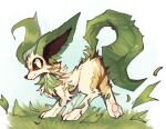  brown_sclera closed_mouth colored_sclera commentary full_body grass leaf leafeon looking_at_viewer no_humans pokemon pokemon_(creature) smile snow4 symbol-only_commentary 
