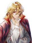  1boy blonde_hair blouse borrowed_character cape cosplay genshin_impact hand_up highres howl_(howl_no_ugoku_shiro) howl_no_ugoku_shiro jewelry kaveh_(genshin_impact) male_focus necklace okuta_dayo red_cape red_eyes shirt short_hair simple_background solo white_background 