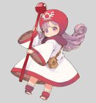  1girl chibi closed_mouth commentary curly_hair dragon_quest dragon_quest_ii dress full_body grey_background highres hood long_hair looking_at_viewer mota princess princess_of_moonbrook purple_hair robe simple_background solo staff violet_eyes weapon 