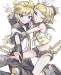  1boy 1girl absurdres blonde_hair blue_eyes bow brother_and_sister detached_sleeves hair_bow hair_ornament hairclip headphones headset highres kagamine_len kagamine_rin krlouvf leg_warmers midriff navel neckerchief necktie one_eye_closed sailor_collar short_ponytail short_shorts shorts siblings simple_background smile twins v vocaloid white_background white_bow yellow_neckerchief yellow_necktie 