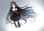  1girl black_dress black_hair dress full_body gloves long_hair looking_at_viewer original simple_background solo standing une_back 
