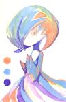  1girl alternate_color bangs blue_hair blue_skin bob_cut closed_mouth color_guide colored_skin commentary_request dot_mouth flat_chest fuu_rufusu gardevoir hair_over_one_eye hand_up looking_at_viewer multicolored_skin one_eye_covered orange_eyes painting_(medium) partial_commentary pokemon pokemon_(creature) shiny shiny_hair shiny_pokemon short_hair simple_background solo standing traditional_media two-tone_skin watercolor_(medium) white_background white_skin 