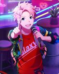  1boy ahoge blue_eyes chair fingernails hair_ornament hairpin idolmaster idolmaster_side-m idolmaster_side-m_growing_stars jacket kabuto_daigo light official_art open_clothes open_mouth pink_hair plant pointing print_shirt red_shirt shirt smile solo teeth third-party_source 