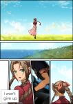  1boy 1girl aerith_gainsborough arm_ribbon armor arms_behind_back bangs blue_sky boots braid braided_ponytail brown_hair choker cloud_strife cropped_jacket dress english_text field final_fantasy final_fantasy_vii final_fantasy_vii_advent_children flower flower_field green_eyes hair_ribbon halu-ca highres jacket long_dress long_hair looking_at_viewer looking_back on_motorcycle outdoors parted_bangs pink_dress pink_ribbon red_jacket ribbon ribbon_choker sequential shoulder_armor sidelocks sky standing 