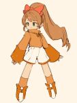  1girl bow brown_hair chibi full_body green_eyes hair_bow high_ponytail highres jacket long_hair mota orange_shirt ponytail scryed shirt shorts simple_background solo white_shorts wide_ponytail wide_sleeves yuuta_kanami 