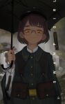 1girl absurdres antlers black_headwear brown_hair closed_mouth coat glasses hat highres holding holding_umbrella looking_at_viewer original polilla pouch short_hair solo umbrella yellow_eyes 