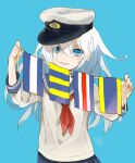  1girl blue_eyes blue_skirt flag grey_hair hat hibiki_(kancolle) kantai_collection long_hair looking_at_viewer military_hat miniskirt neck_ribbon open_mouth red_ribbon ribbon sailor_collar school_uniform serafuku signal_flag simple_background skirt smile solo white_serafuku zizi_(zizioxo) 