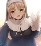  1girl blonde_hair breasts gloves habit highres kokkoasa nijisanji nun open_mouth ribbon sister_cleaire tongue upper_body white_gloves white_ribbon yellow_eyes zipper_pull_tab 