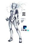  1girl absurdres android blue_eyes collarbone color_guide colored_skin commentary_request full_body highres humanoid_robot joints long_hair looking_at_viewer original robot robot_joints sirosuke_mei solo standing white_background white_hair white_skin 