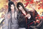  2boys artist_name bangs bishounen black_hair black_robe black_sash blurry blurry_background branch brown_eyes chinese_clothes closed_mouth commentary_request cup expressionless hair_bun hair_ornament hair_stick hand_up hands_up hanfu headband highres holding holding_cup holding_jar jar lan_wangji leaf long_hair long_sleeves looking_at_viewer male_focus maple_leaf mo_dao_zu_shi multiple_boys open_mouth outdoors parted_bangs robe sash sidelocks sitting smile teeth tree twitter_username upper_teeth usagishi very_long_hair watermark wei_wuxian white_headband white_robe white_sash wide_sleeves xiao_guan_(headdress) yellow_eyes 