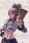  1girl armpits bangs bare_shoulders beads breasts bridal_gauntlets cherry_blossoms comb cowboy_shot day detached_sleeves earrings fire_emblem fire_emblem_fates hair_bun hair_ornament hair_stick hand_on_hip highres japanese_clothes jewelry long_hair looking_at_viewer mature_female midriff navel open_mouth orochi_(fire_emblem) outdoors pants prayer_beads purple_hair scroll smile solo talisman tree umbraria violet_eyes 