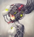  1girl black_hair bodysuit breasts cable commentary_request glowing glowing_eyes helmet highres mask mecha_musume original red_eyes science_fiction see-through shiny shiny_clothes simple_background small_breasts solo yumikoyama49 