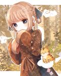  1girl absurdres animal bamboo bangs blue_eyes blue_ribbon braid brown_dress brown_ribbon china_dress chinese_clothes clothing_request clouds dot_nose dress earrings foliage hair_ribbon hand_to_own_mouth highres jewelry lantern lantern_earrings leaf letterboxed light_blush light_brown_background light_brown_hair looking_to_the_side mokunoki new_year original paper_lantern ribbon signature sitting_on_cloud sleeves_past_wrists tiger tiger_cub tongue tongue_out twin_braids twitter_username very_long_sleeves wide_sleeves 